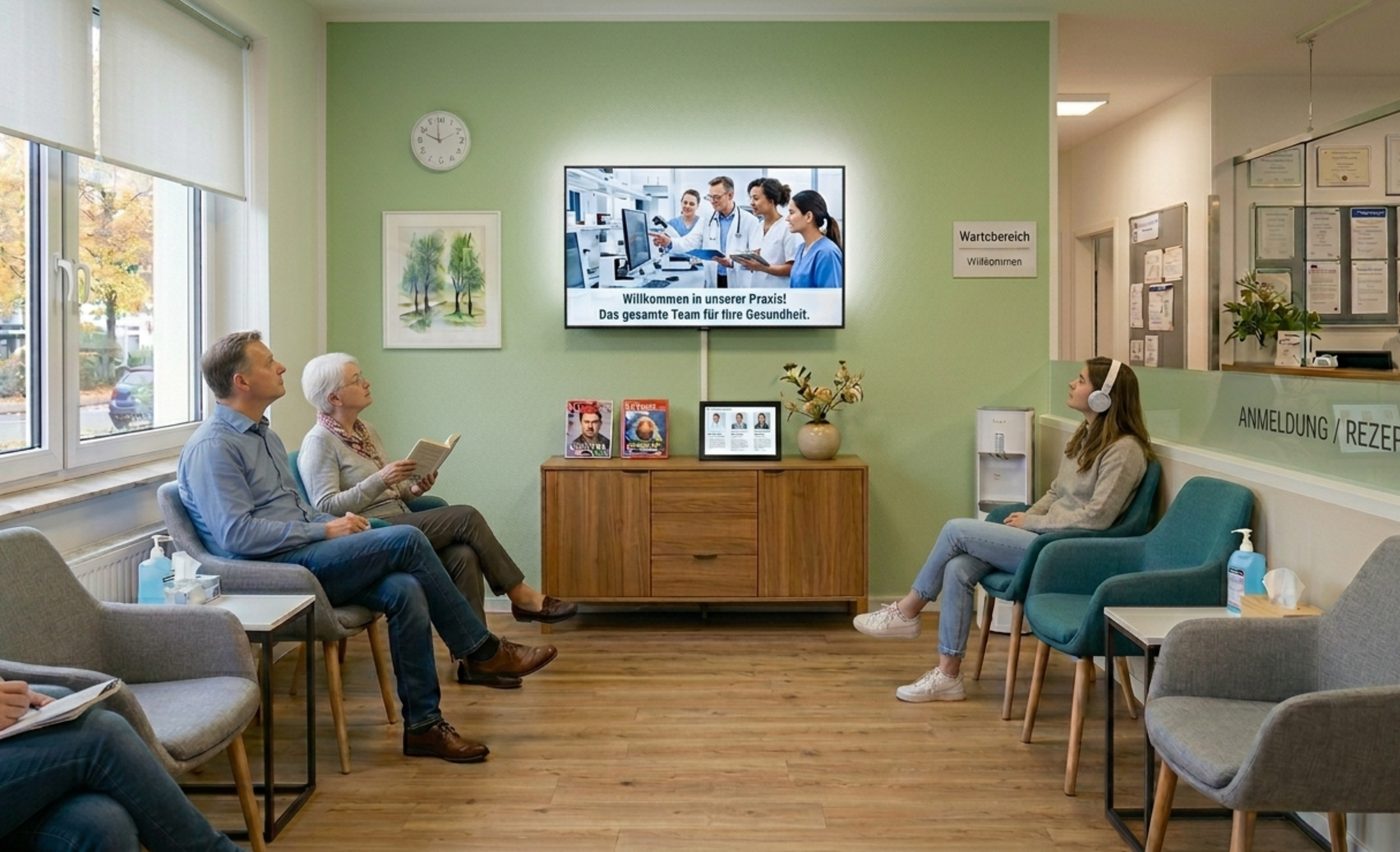 Wartezimmer einer Arztpraxis mit Patienten und einem wandmontierten Anzeigewerk-Display